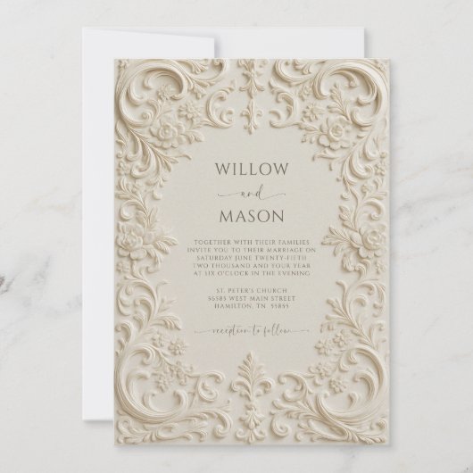 Baroque Elegance Ivory Script Wedding Kaart (Voorkant)