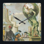 Baroque Era Atlas Frontispiece World Wereldbol Vierkante Klok<br><div class="desc">afbeelding Baroque Era antiek oude wereldkaart Atlas Frontispiece (titelpagina voor atlas c.) 1650) met Atlas die de wereld in de greep houdt (wereldbol) terwijl cartografen en verkenners kaarten onder hem bestuderen.</div>