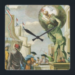 Baroque Era Atlas Frontispiece World Wereldbol Vierkante Klok<br><div class="desc">afbeelding Baroque Era antiek oude wereldkaart Atlas Frontispiece (titelpagina voor atlas c.) 1650) met Atlas die de wereld in de greep houdt (wereldbol) terwijl cartografen en verkenners kaarten onder hem bestuderen.</div>