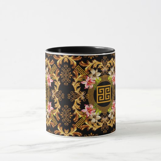 Baroque Floral Black Gold Pink Mok (Midden)