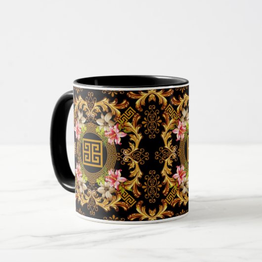Baroque Floral Black Gold Pink Mok (Voorkant links)
