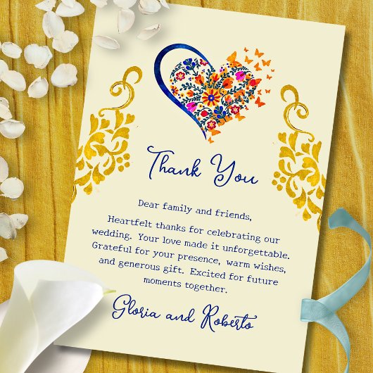 Baroque Floral Heart & Gold Mexican Wedding  Bedankkaart