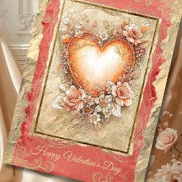Baroque Floral Heart in Gold and Blush Tones Feestdagenkaart