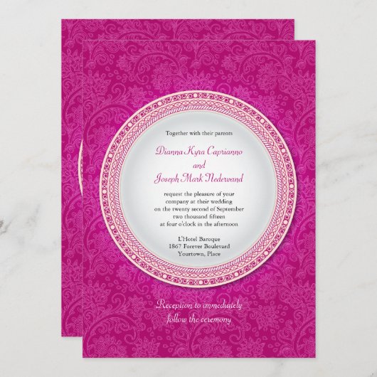 Baroque Fuchsia Plaque Wedding Invitation Kaart (Voorkant / Achterkant)