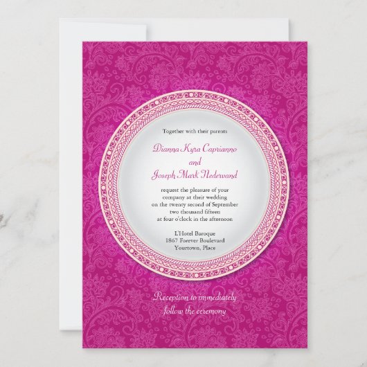 Baroque Fuchsia Plaque Wedding Invitation Kaart (Voorkant)