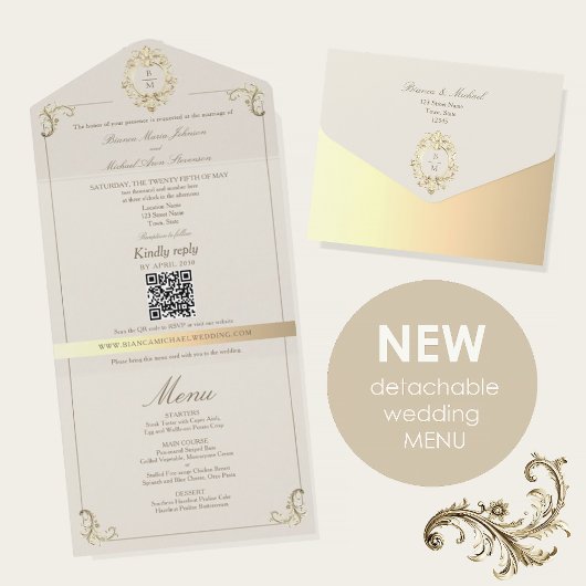 Baroque Gold All In One Wedding Invite + Menu Uitnodiging
