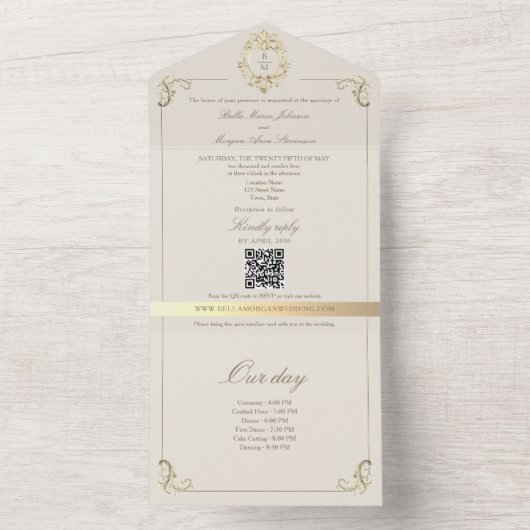 Baroque Gold All In One Wedding Invite + Timeline All In One Uitnodiging (Binnen)