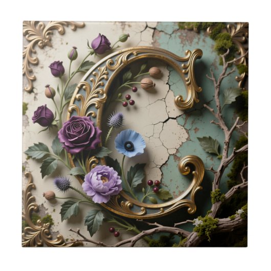 Baroque Gold Patina Letter C Monogram Tegeltje (Voorkant)