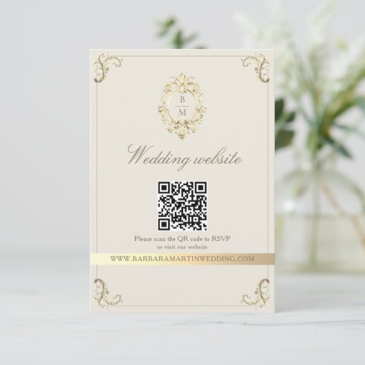 Baroque Gold QR Code Wedding Informatiekaartje (Staand voorkant)