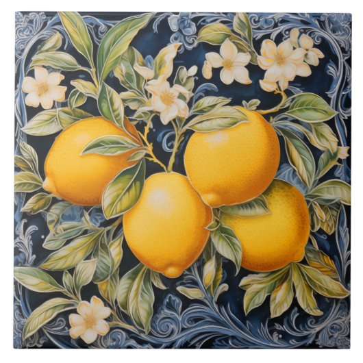 Baroque Lemon Botanical Ceramic Tile with Scrolls Tegeltje (Voorkant)