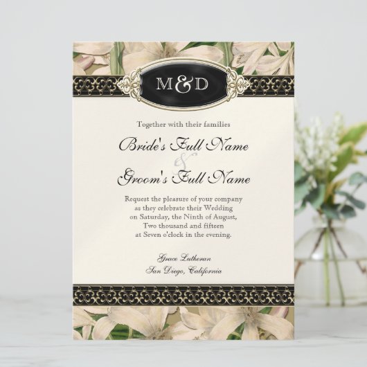 Baroque  Lily Gold Formal Elegant Wedding Kaart (Staand voorkant)