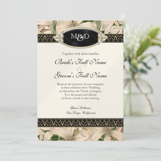 Baroque  Lily Gold Formal Elegant Wedding Kaart (Staand voorkant)
