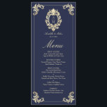 Baroque Navy Blue Gold Wedding Dinner Menu<br><div class="desc">Elegant navy blue and gold baroque wedding menu featuring a vintage victorian monogram, ornate flourishes, and classic frame accents. Perfect for a luxury reception, this double-sided menu template displays a refined order of courses with timeless style. Coordinates with the full baroque navy and gold wedding invitation suite for a cohesive...</div>