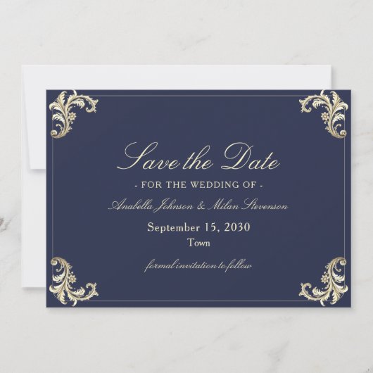 Baroque Navy Blue Gold Wedding Save The Date (Voorkant)