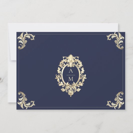 Baroque Navy Blue Gold Wedding Save The Date (Achterkant)