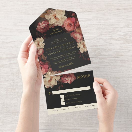 Baroque Painted Floral Wedding Foil All In One Uitnodiging (Uittrekbaar)
