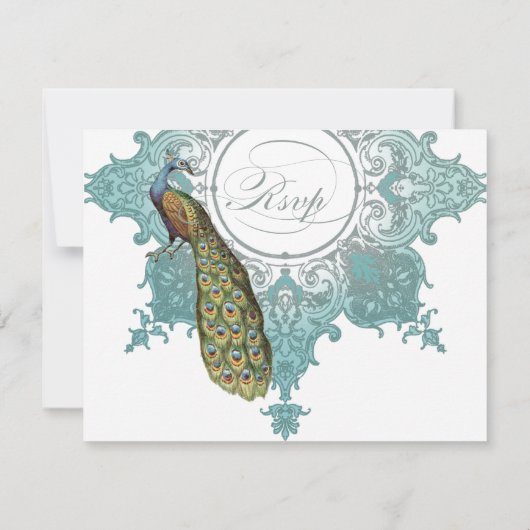 Baroque Peacock RSVP-reactiekaart - Blauw groen RSVP Kaartje (Achterkant)