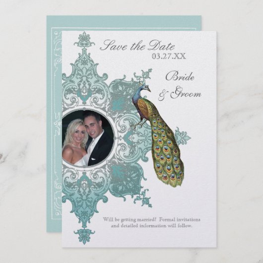 Baroque Peacock sparen de Datum Uitnodiging - Aqua (Voorkant / Achterkant)