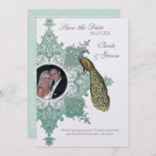 Baroque Peacock sparen de Datum Uitnodiging - Blau (Voorkant / Achterkant)