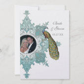 Baroque Peacock Wedding Invitation - Aqua Blue Kaart (Voorkant)