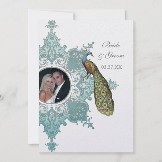 Baroque Peacock Wedding Invitation - Aqua Blue Kaart (Voorkant)