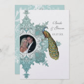 Baroque Peacock Wedding Invitation - Aqua Blue Kaart (Voorkant / Achterkant)