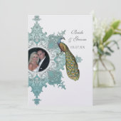 Baroque Peacock Wedding Invitation - Aqua Blue Kaart (Staand voorkant)