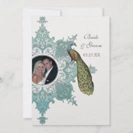 Baroque Peacock Wedding Invitation - Aqua Blue Kaart