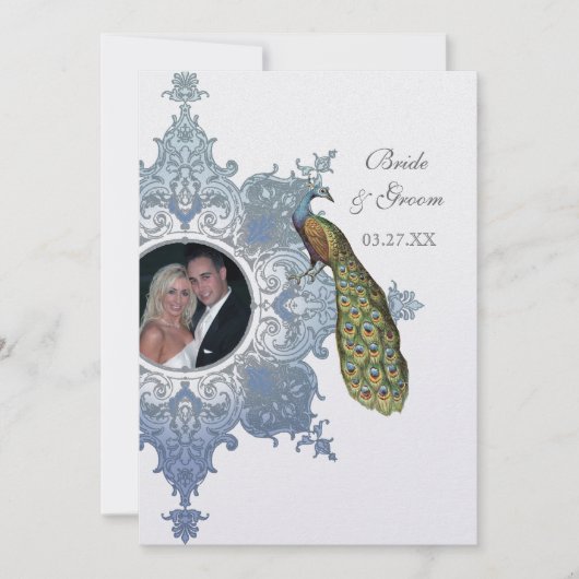 Baroque Peacock Wedding Invitation - Blue Kaart (Voorkant)