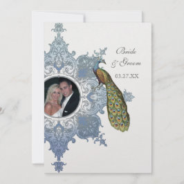 Baroque Peacock Wedding Invitation - Blue Kaart