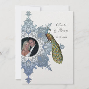 Baroque Peacock Wedding Invitation - Blue Kaart