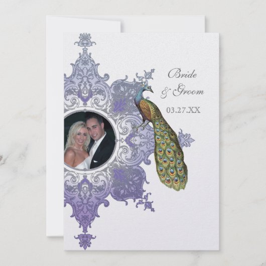 Baroque Peacock Wedding Invitation - Lavender Kaart (Voorkant)