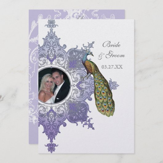 Baroque Peacock Wedding Invitation - Lavender Kaart (Voorkant / Achterkant)