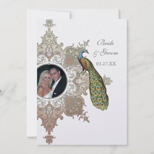 Baroque Peacock Wedding Invitation - Mocha Tan Kaart (Voorkant)