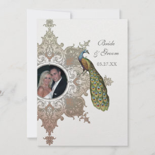 Baroque Peacock Wedding Invitation - Mocha Tan Kaart