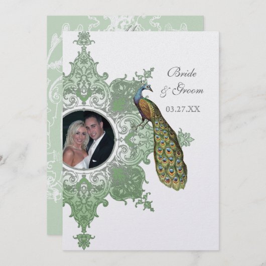 Baroque Peacock Wedding Invitation - Spring Green Kaart (Voorkant / Achterkant)