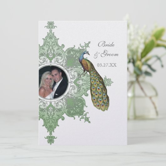 Baroque Peacock Wedding Invitation - Spring Green Kaart (Staand voorkant)