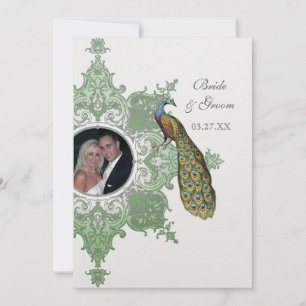 Baroque Peacock Wedding Invitation - Spring Green Kaart