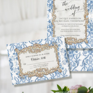  Baroque Rococo Blue White Floral Wedding RSVP Kaartje