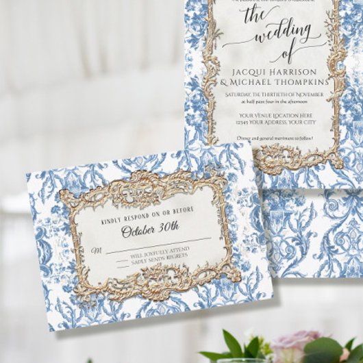  Baroque Rococo Blue White Floral Wedding RSVP Kaartje