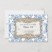  Baroque Rococo Blue White Floral Wedding RSVP Kaartje (Voorkant)