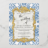  Baroque Rococo Floral Blue White Gold Foil Folie Uitnodiging (Voorkant)