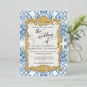  Baroque Rococo Floral Blue White Gold Foil Folie Uitnodiging (Staand Voorkant)