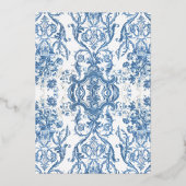  Baroque Rococo Floral Blue White Gold Foil Folie Uitnodiging (Achterkant)