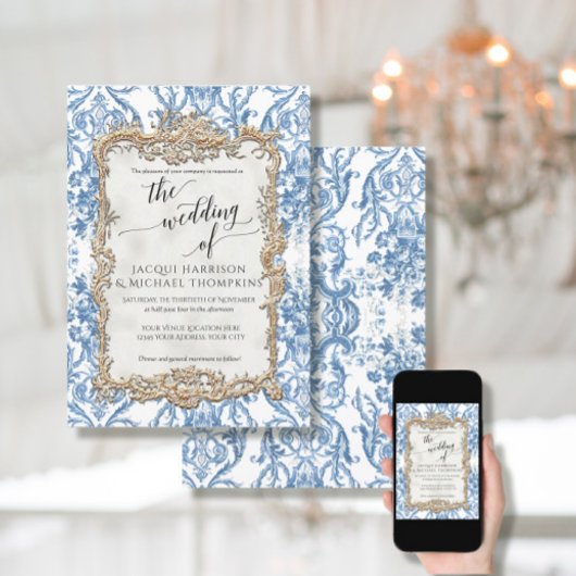 Baroque Rococo Floral Blue White Wedding Kaart