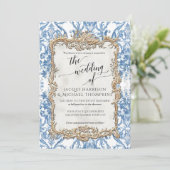 Baroque Rococo Floral Blue White Wedding Kaart (Staand voorkant)