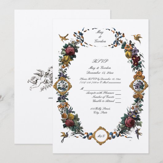 Baroque Rococo Floral Cartouche RSVP Kaart (Voorkant / Achterkant)