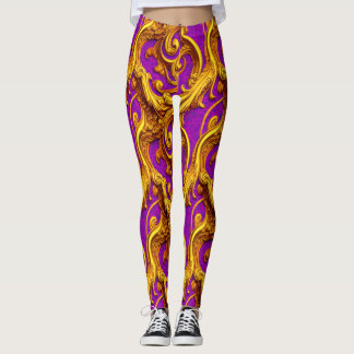 Baroque Rococo Golden Purple Filagree Design Leggings