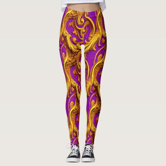 Baroque Rococo Golden Purple Filagree Design Leggings (Voorkant)