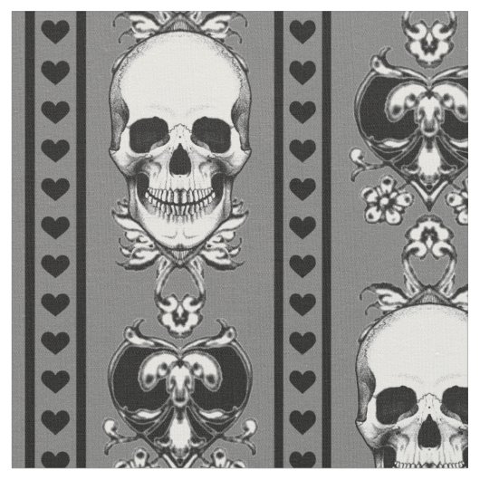 Baroque Skull Stripe Pattern Grey Fabric Stof (Close Up)